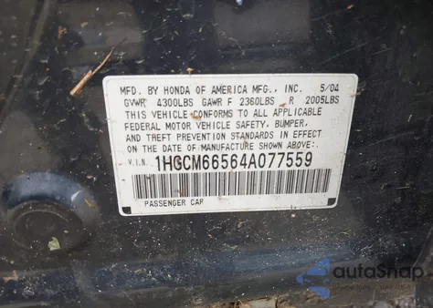 2004 Honda Accord 3.0 Ex из США, поврежденный, VIN 1HGCM66564A077559